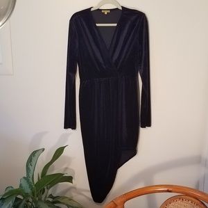Navy velvet dress asymmetrical hem long sleeve